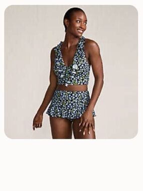 Lands' End Navy Floral Ruffle Bikini Set